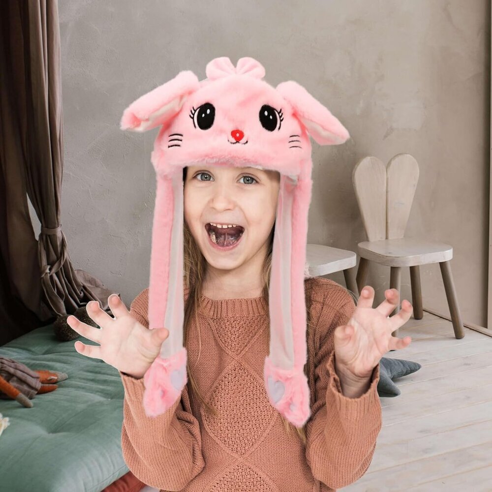 Kids Cat_pink Animal Hat with Ears Moving Jumping Pop Up Beating Plush Holiday - Picture 7 of 9